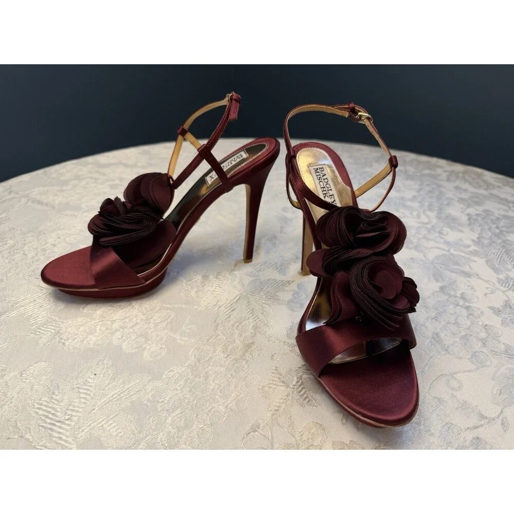 Badgley Mischka Heels Womens Randee Ruffle Flower Ankle Strap Satin Dark Red 10M